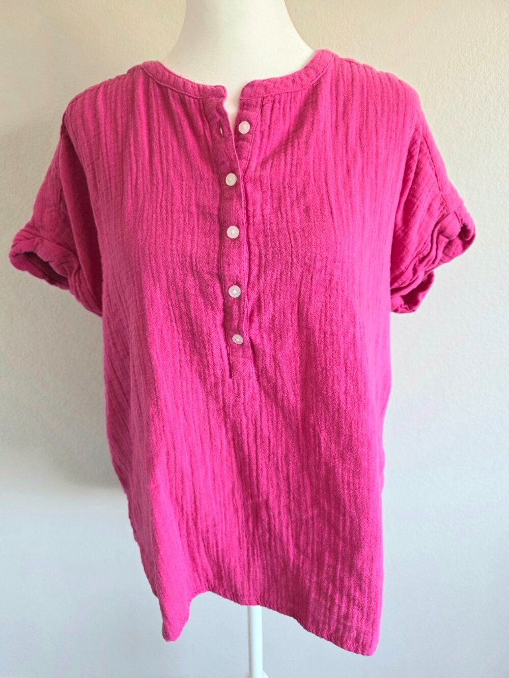 Caslon Top Cotton Gauze Popover Blouse Electric Pink Fuchsia Cap Sleeve Size M